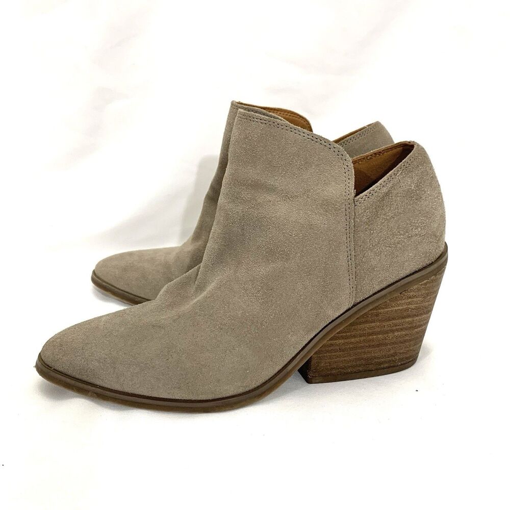 Lucky Brand Womens Boot Taupe Gray Suede Block Heel Side Zip Bootie Size 6.5 M